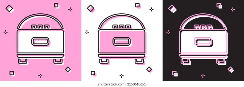 Set Stereo speaker icon isolated on pink and white, black background. Sound system speakers. Music icon. Musical column speaker bass equipment. Vector