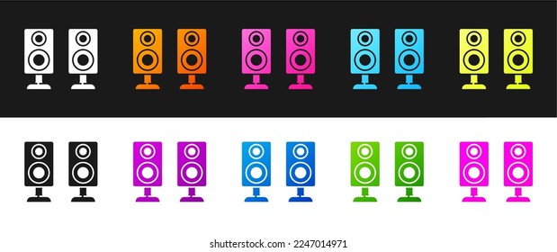 Set Stereo speaker icon isolated on black and white background. Sound system speakers. Music icon. Musical column speaker bass equipment.  Vector