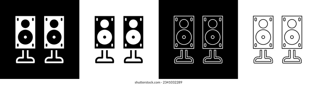 Set Stereo speaker icon isolated on black and white background. Sound system speakers. Music icon. Musical column speaker bass equipment.  Vector