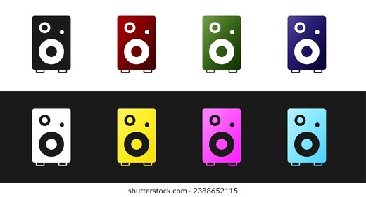 Set Stereo speaker icon isolated on black and white background. Sound system speakers. Music icon. Musical column speaker bass equipment.  Vector