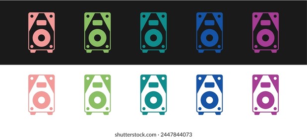 Stellen Sie das Stereo-Lautsprechersymbol auf schwarzweißem Hintergrund isoliert ein. Lautsprecher des Soundsystems. Musik-Symbol. Musikkolumnen-Lautsprecher-Bassausrüstung.  Vektorgrafik