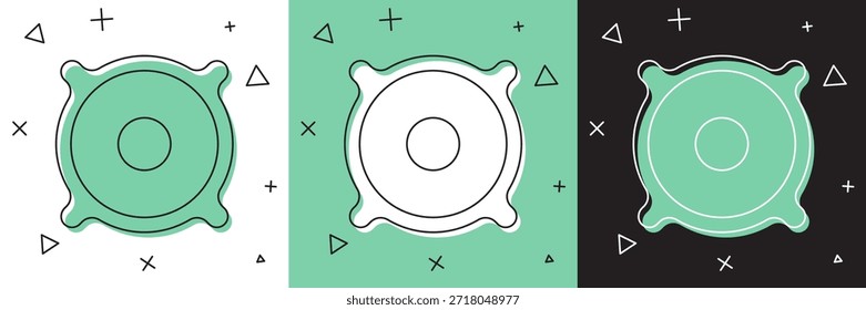 Set Stereo speaker icon isolated on white and green, black background. Sound system speakers. Music icon. Musical column speaker bass equipment.  Vector