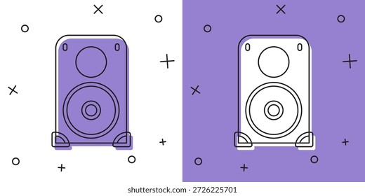 Definir ícone de alto-falante estéreo isolado no fundo branco e roxo. Alto-falantes do sistema de som. Ícone Música. Equipamento de baixo de coluna musical.  Vetor