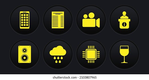 Set Stereo Speaker, Information Desk, Cloud With Rain, Processor CPU, Movie Video Camera And Paper Financial Check Icon. Vector