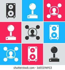 Establecer altavoz estéreo, Joystick para máquina de arcade e icono Compartir. Vector