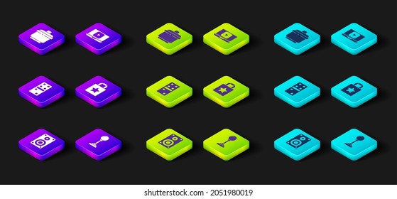 Set Stereo speaker, Joystick for arcade machine, Domino, Paper shopping bag, Online play video and Cooking pot icon. Vector