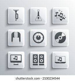 Set Stereo speaker, Laptop with music, Vinyl disk, Sound mixer controller, Computer note, Air headphones, Trumpet and Music tone icon. Vector