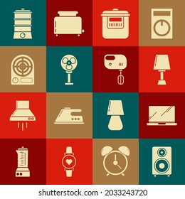 Set Stereo speaker, Laptop, Table lamp, Slow cooker, Electric fan, heater, Double boiler and mixer icon. Vector