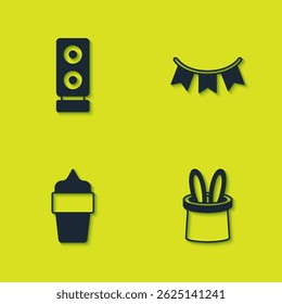 Set Stereo speaker, Magician hat and rabbit ears, Ice cream in waffle cone and Carnival garland with flags icon. Vector