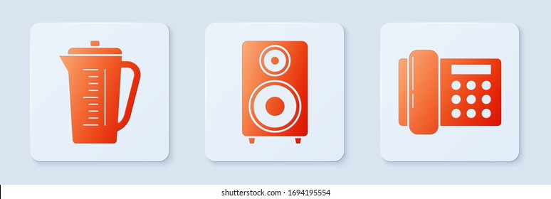 Set Stereo speaker , Measuring cup and Telephone . White square button. Vector