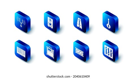 Set Stereo speaker, Metronome with pendulum, Banjo, Sound mixer controller, Drum, Guitar amplifier, Grand piano and Musical tuning fork icon. Vector