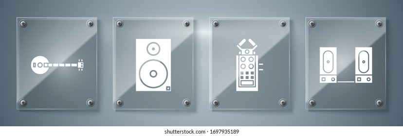 Set Stereo speaker, Microphone, Stereo speaker and Banjo. Square glass panels. Vector