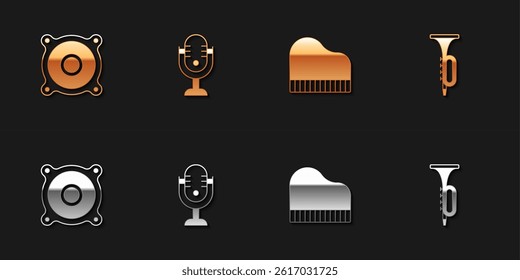 Set Stereo speaker, Microphone, Grand piano and Trumpet icon. Vector