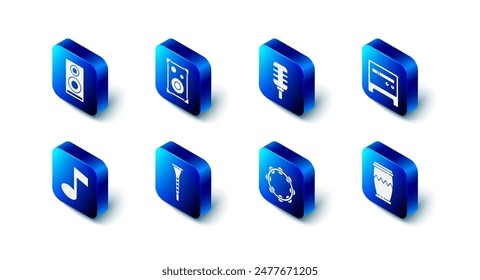 Set Stereo speaker, Microphone, Guitar amplifier, Drum, Tambourine, Clarinet, Music note, tone and  icon. Vector