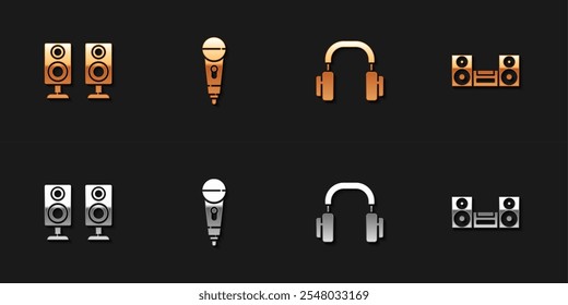 Set Stereo speaker, Microphone, Headphones and Home stereo icon. Vector