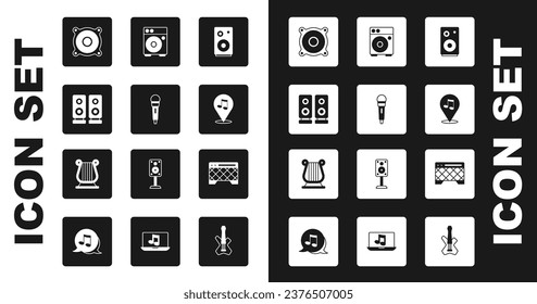 Set Stereo speaker, Microphone, Location musical note, Guitar amplifier,  and Ancient Greek lyre icon. Vector