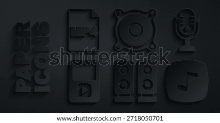 Set Stereo speaker, Microphone, Music player, note, tone,  and MP4 file document icon. Vector