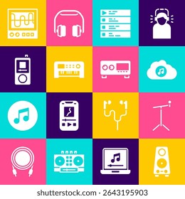 Set Stereo speaker, Microphone with stand, Music streaming service, playlist, synthesizer, player, Oscilloscope and Guitar amplifier icon. Vector