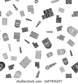Set Stereo speaker, Microphone, Vinyl disk and Music MP3 player on seamless pattern. Vector