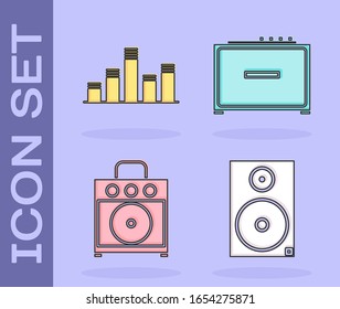 Set Stereo speaker, Music equalizer, Guitar amplifier and Guitar amplifier icon. Vector