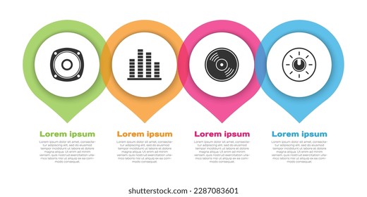Set Stereo speaker, Music equalizer, Vinyl disk and Dial knob level technology settings. Business infographic template. Vector