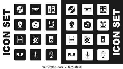 Set Stereo speaker, Music note, tone, Location musical, Vinyl disk, Ancient Greek lyre, synthesizer,  and MP4 file document icon. Vector