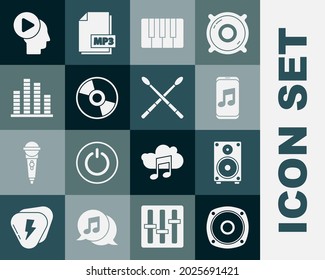 Set Stereo speaker, Music player, synthesizer, CD or DVD disk, equalizer, Head people with button and Drum sticks icon. Vector