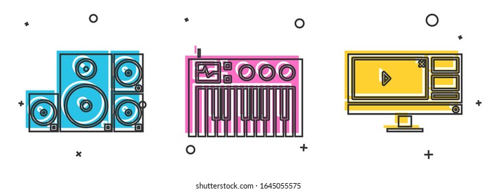 Set Stereo speaker, Music synthesizer and Video recorder or editor software on monitor icon. Vector