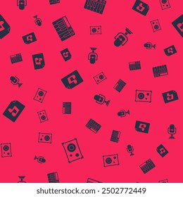 Set Stereo speaker, Music synthesizer, book with note and Microphone on seamless pattern. Vector