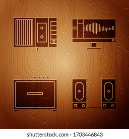 Set Stereo speaker, Music tape player, Guitar amplifier and Sound or audio recorder on monitor on wooden background. Vector