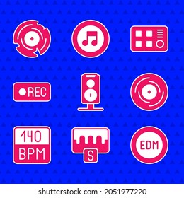 Set Stereo speaker, Music wave equalizer, EDM electronic dance music, Vinyl disk, Bitrate, Record button, Drum machine and  icon. Vector