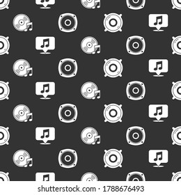 Set Stereo speaker, Musical note in speech bubble, Vinyl disk and Stereo speaker on seamless pattern. Vector