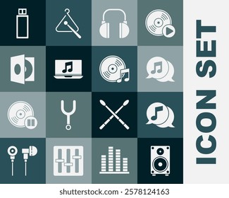 Set Stereo speaker, Musical note in speech bubble, Headphones, Laptop with music, Vinyl player vinyl disk, USB flash drive and  icon. Vector