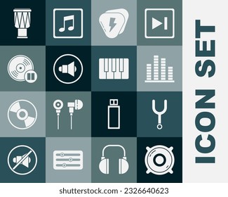 Set Stereo speaker, Musical tuning fork, equalizer, Guitar pick, Speaker volume, Vinyl disk, Drum and synthesizer icon. Vector