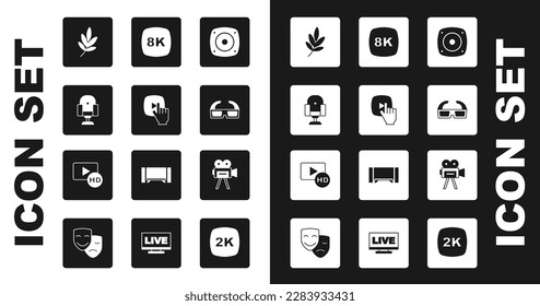 Set Stereo speaker, Online play video, Director movie chair, Movie trophy, 3D cinema glasses, 8k Ultra HD, Retro camera and Hd movie, tape, frame icon. Vector