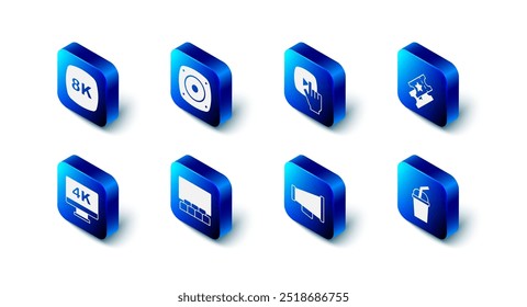 Set Stereo speaker, Online play video, Cinema ticket, Paper glass with water, Megaphone, auditorium screen, Screen tv 4k and 8k Ultra HD icon. Vector