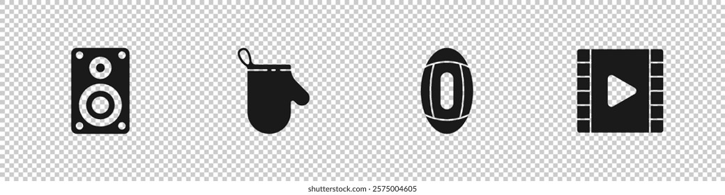 Set Stereo speaker, Oven glove, American Football ball and Play Video icon. Vector