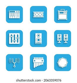 Set Stereo speaker, Pan flute, Dial knob level, Musical tuning fork, Sound mixer controller, Guitar amplifier and synthesizer icon. Vector