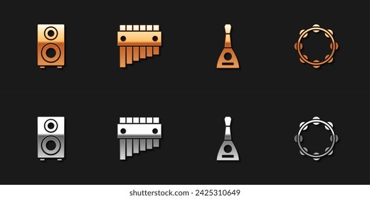 Set Stereo speaker, Pan flute, Balalaika and Tambourine icon. Vector