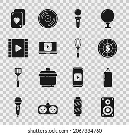 Set Stereo speaker, Punching bag, Casino chips, Joystick for arcade machine, Online play video, Play Video, Playing cards and Kitchen whisk icon. Vector