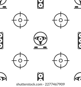 Set Stereo speaker, Racing simulator cockpit and Target sport on seamless pattern. Vector