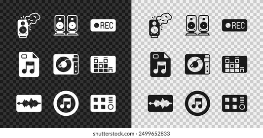 Set Stereo speaker, Record button, Music wave equalizer, note, tone, Drum machine, MP3 file document and Vinyl player with vinyl disk icon. Vector