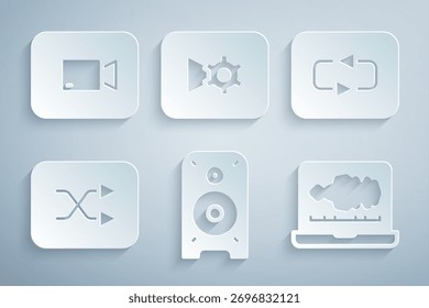 Set Stereo speaker, Repeat button, Arrow shuffle, Sound or audio recorder, Music video settings and Play icon. Vector