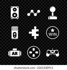 Set Stereo speaker, Share, Joystick for arcade machine, Ar, augmented reality, Gamepad, Computer and Piece of puzzle icon. Vector
