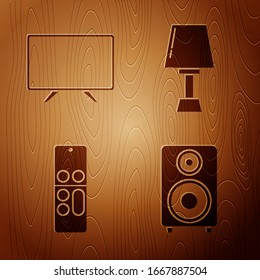 Set Stereo speaker , Smart Tv , Remote control  and Table lamp  on wooden background. Vector