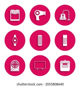 Ajuste altavoz estéreo, Tv inteligente, cocina lenta, control remoto, calentador eléctrico, reloj que muestra la frecuencia de latido cardíaco, limpiador de vacío e icono de hormigón. Vector