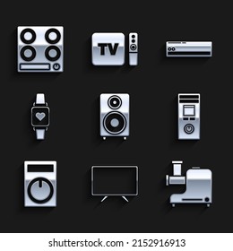 Set Stereo speaker, Smart Tv, Kitchen meat grinder, Remote control, watch showing heart beat rate, Air conditioner and Gas stove icon. Vector