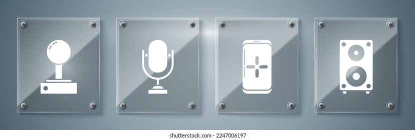 Ajuste altavoz estéreo, Smartphone y jugando en juegos, micrófono y Joystick para máquina de arcade. Paneles de vidrio cuadrado. Vector