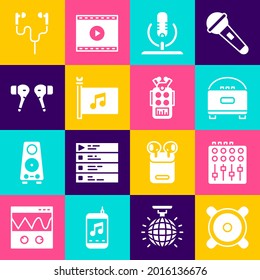 Ajuste altavoz estéreo, controlador de mezclador de sonido, micrófono, bandera del festival de música, auriculares de aire e icono. Vector