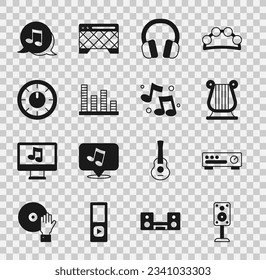 Set Stereo speaker, Sound mixer controller, Ancient Greek lyre, Headphones, Music equalizer, note, tone and  icon. Vector